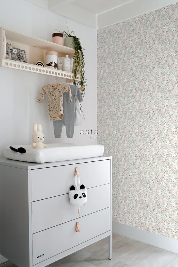 ESTAhome tapet blommor milt rosa och grönt 53 cm x 10,05 m