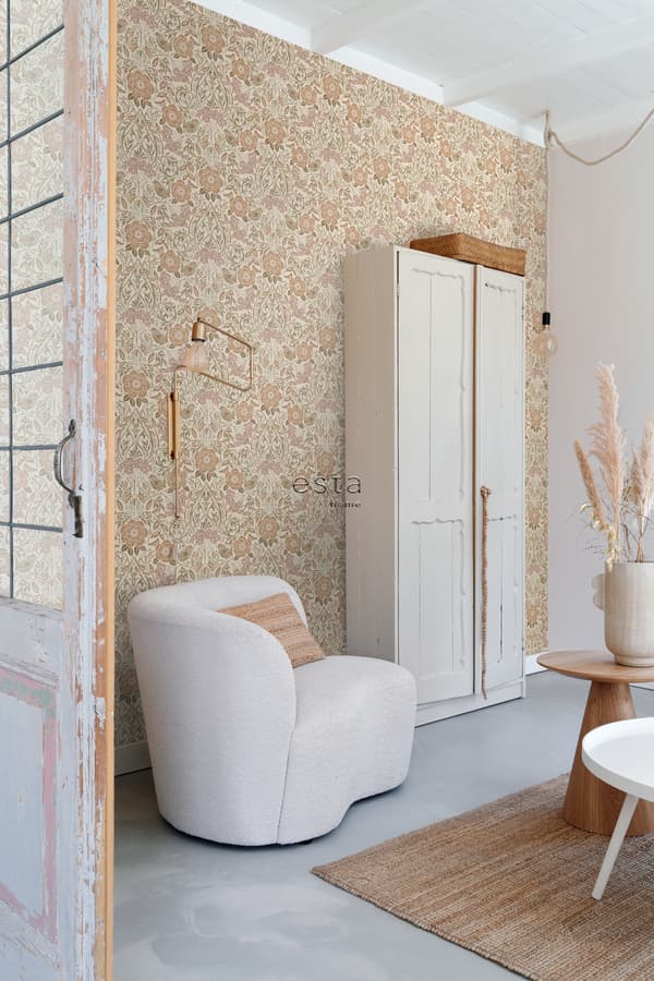 ESTAhome tapet blomster og fugle i art nouveau sandfarvet, beige og antikrosa 0.53 x 10.05 m