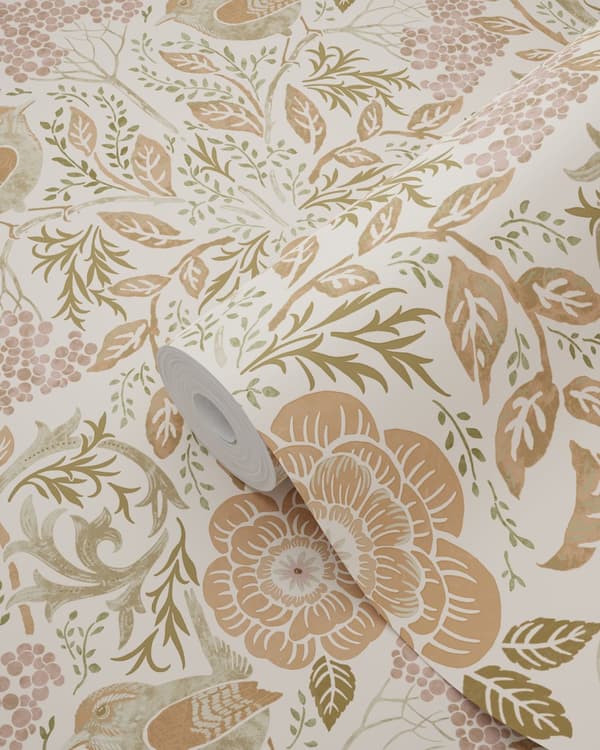 ESTAhome tapet blomster og fugle i art nouveau sandfarvet, beige og antikrosa 0.53 x 10.05 m