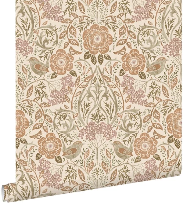 ESTAhome tapet blomster og fugle i art nouveau sandfarvet, beige og antikrosa 0.53 x 10.05 m