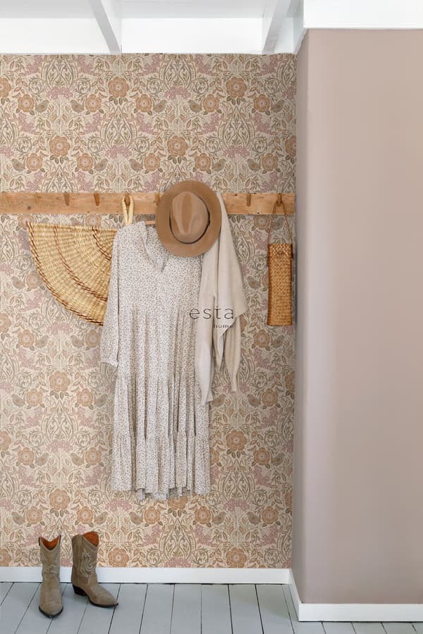 ESTAhome tapet blommor och fåglar art nouveau stil beige, terrakottaröd och antikrosa 0.53 x 10.05 m