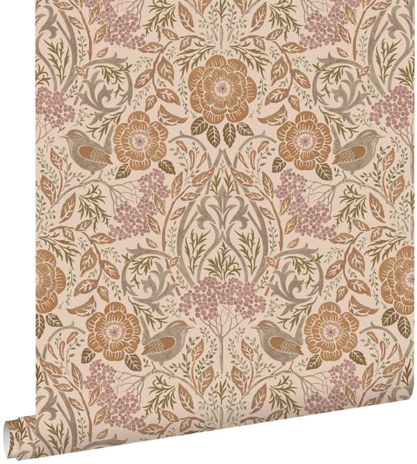 ESTAhome tapet blomster og fugle i art nouveau beige, terracotta rød og antikrosa 0.53 x 10.05 m