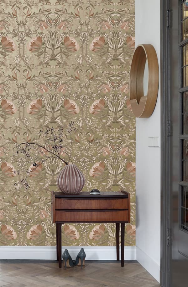 ESTAhome tapet blommor art nouveau stil guld och terrakotta rosa 0.53 x 10.05 m