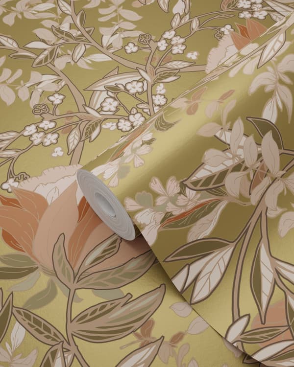 ESTAhome tapet blommor art nouveau stil guld och terrakotta rosa 0.53 x 10.05 m
