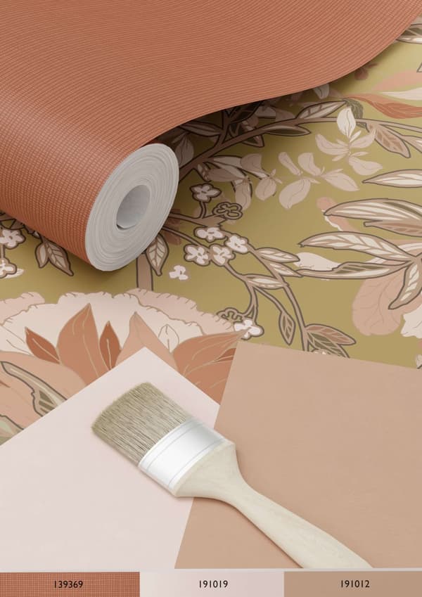 ESTAhome tapet blommor art nouveau stil guld och terrakotta rosa 0.53 x 10.05 m