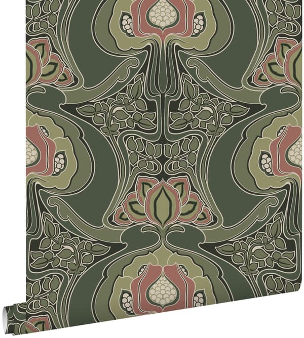 ESTAhome tapet blommor art nouveau stil mörkgrönt 0.53 x 10.05 m