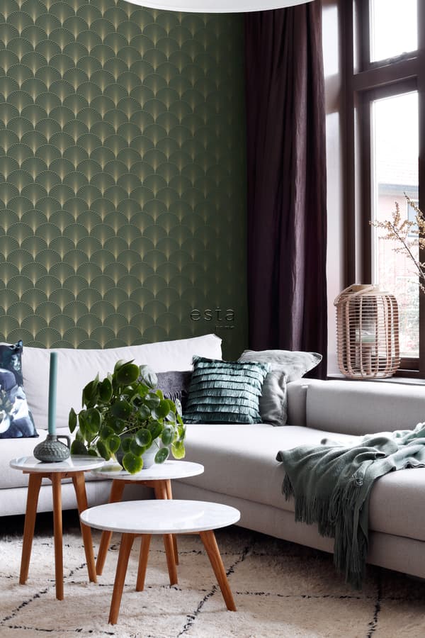 ESTAhome tapet art deco mörkgrönt och guld 0.53 x 10.05 m
