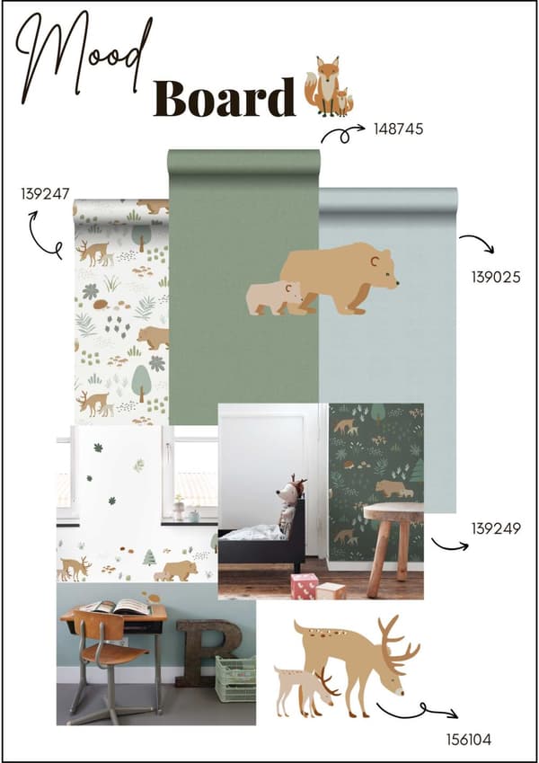 ESTAhome wallsticker skov med skovdyr beige og mintgrønt 47,5 cm x 66 cm