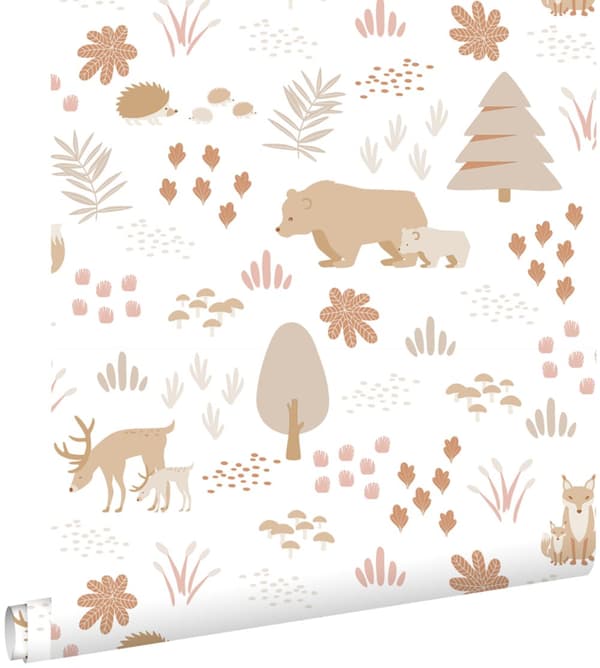 ESTAhome tapet skog med skogsdjur vitt och beige 0.53 x 10.05 m
