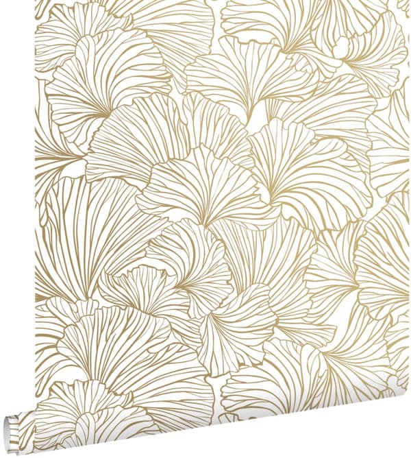 ESTAhome tapet ginkgoblade hvidt og guld 0.53 x 10.05 m