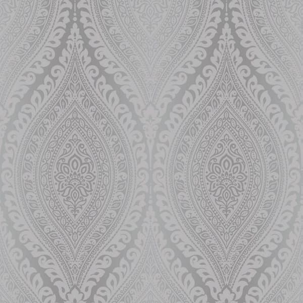 GrandDeco Kismet Glitter Damask Textured Wallpaper Silver One Size