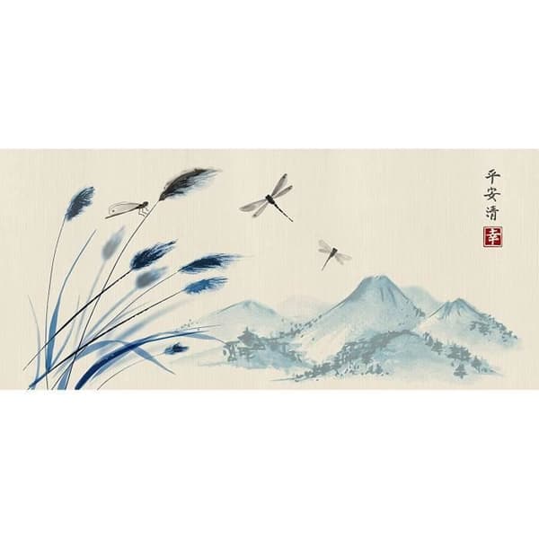 Japansk landskap non-woven väggfoto i gouache 202 x 90 cm Flerfärgad