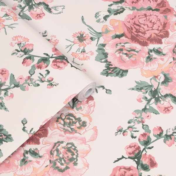 Laura Ashley - Non-woven tapet - stockrosor - Korallrosa - Rosa 10mx52cm