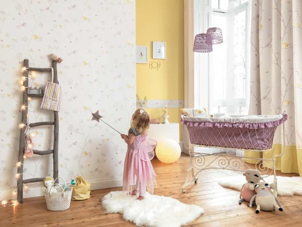 Casadeco My Little World stof fugle lyserød grå