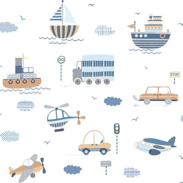 Galerie Tiny Tots 2 Transportation Wallpaper Brown/Sky Blue/Navy 10m x 53cm