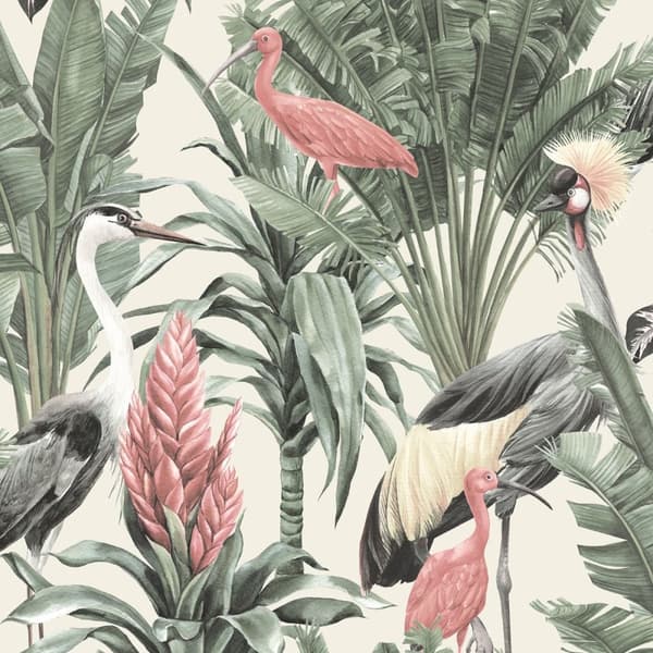 World Of Wallpaper Manu Tropical Wallpaper Cream/Green 10m x 53cm