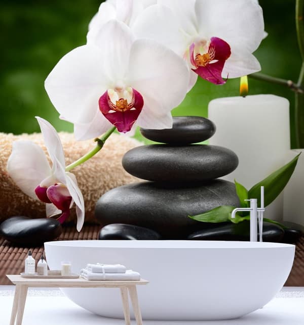 Seinämaalaus, orkideakynttilä ja zen-kivet SPA-tilassa - 100x100