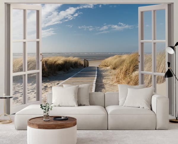 Vægmaleri, Udsigt fra vinduet, strand, klitter, mole - 280x200