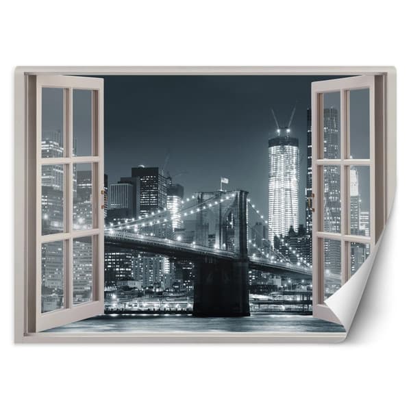 Fototapet, Fönster New York Brooklyn Bridge svart och vitt - 210x150