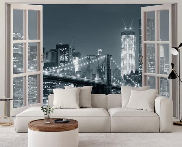 Seinämaalaus, Ikkuna New York Brooklyn Bridge mustavalkoinen - 280x200