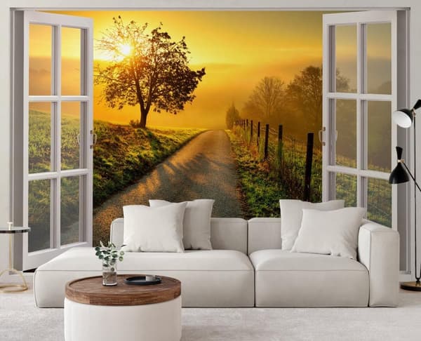 Seinämaalaus, Näkymä ikkunasta, auringonlaskun maisema - 280x200