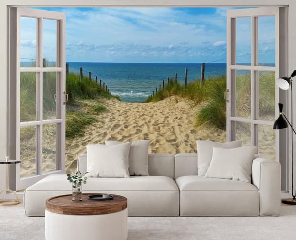 Fototapet, Fönster hav strandhimmel - 210x150