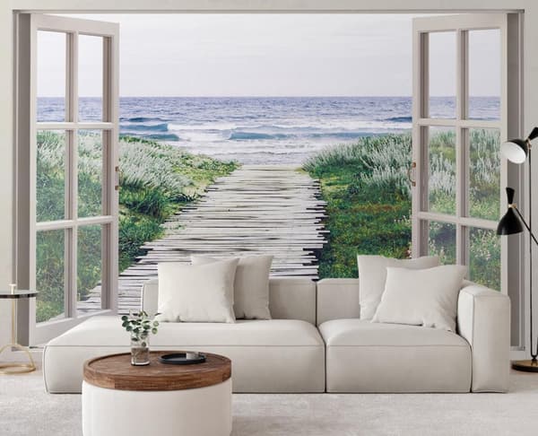 Vægmaleri, Window sea beach mole - 140x100