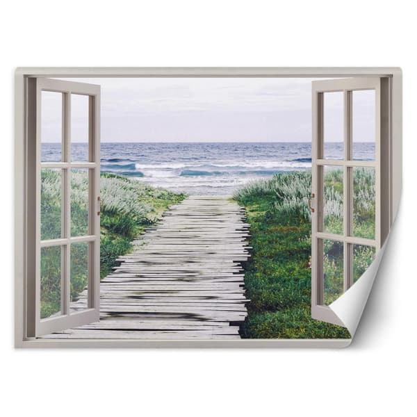Vægmaleri, Window sea beach mole - 140x100