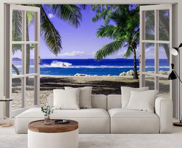 Fototapet, vindue med udsigt over en tropisk strand - 210x150