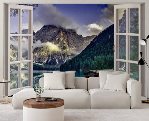 Fototapet, vinduesudsigt over søen, sommerhus i bjergene - 280x200