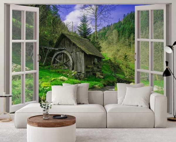 Fototapet, Utsikt från fönstret i en stuga i bergen - 280x200