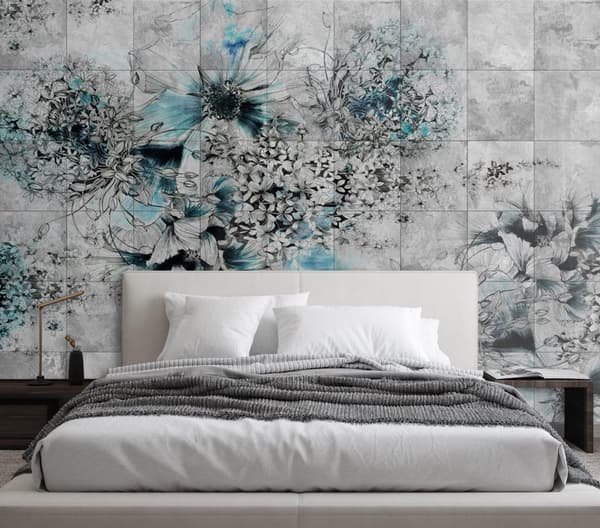 Seinämaalaus, Akvarellikukkia harmaalla pohjalla - 250x175