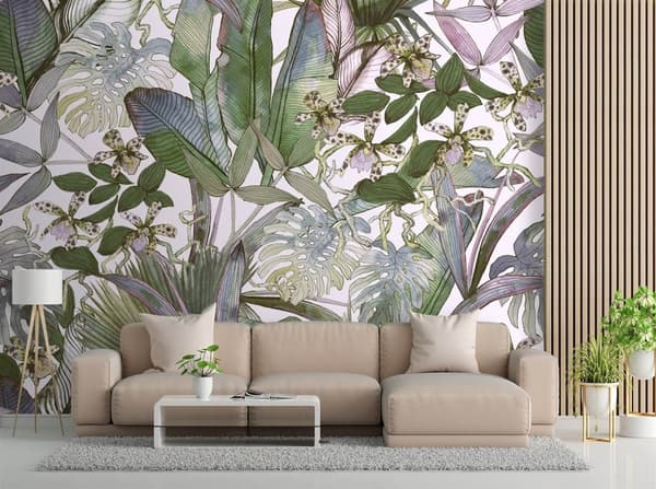 Seinämaalaus, Monstera ja trooppiset lehdet pastelliväreinä - 400x280