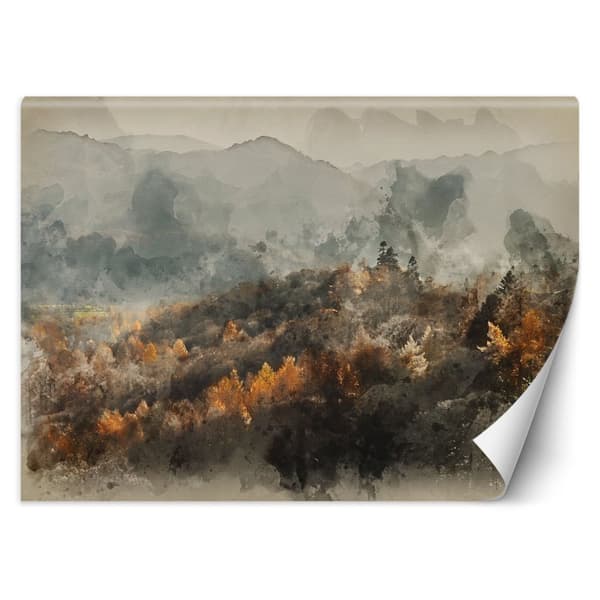 Seinämaalaus, Syksyinen metsä sumussa, akvarelli abstraktio - 200x140