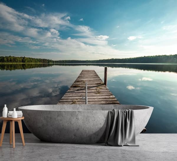 Fototapet, Utsikt från piren till sjön och skogen - 368x254
