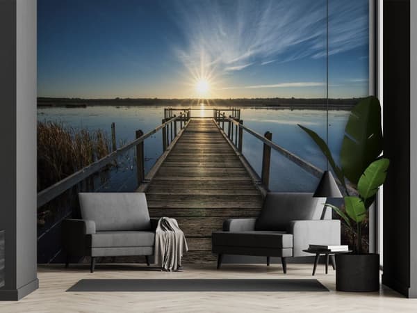 Vægmaleri, sømole ved solnedgang - 300x210