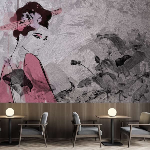 Seinämaalaus, Geisha muotokuva betoniseinällä - 350x245