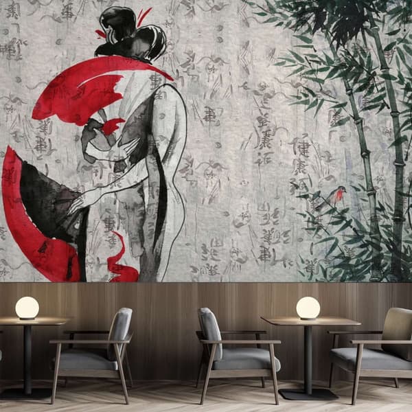 Seinämaalaus, japanilainen geisha tuulettimella - 150x105