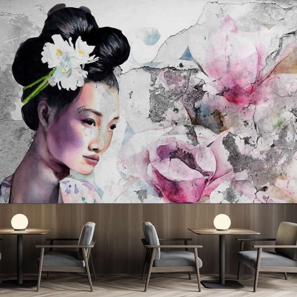Fototapet, Porträtt av en geisha på en gammal vägg - 400x280