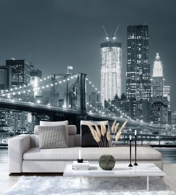 Seinämaalaus, Brooklyn Bridge yöllä New York mustavalkoinen - 200x200