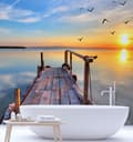 Miniatyrbild 2 av 5: Fototapet, Solnedgång över sjön och flygande fåglar - 200x200