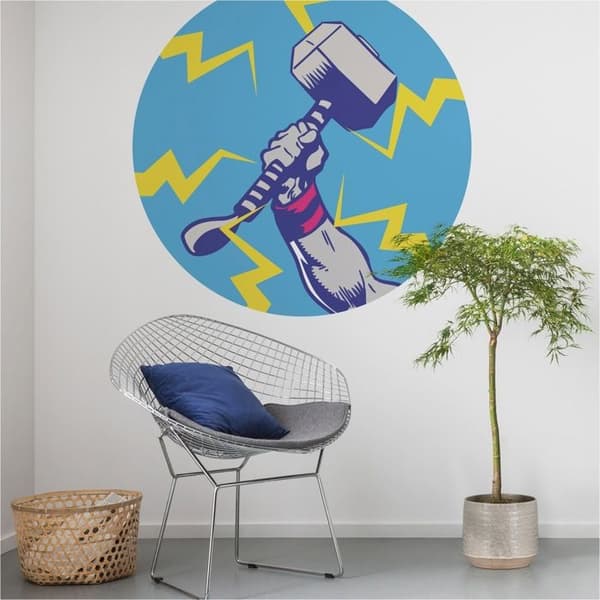 Rund, självhäftande panoramatapet - Sanders &amp; Sanders - The Avengers - Ø 128 cm - Blå och Gul - Non-woven