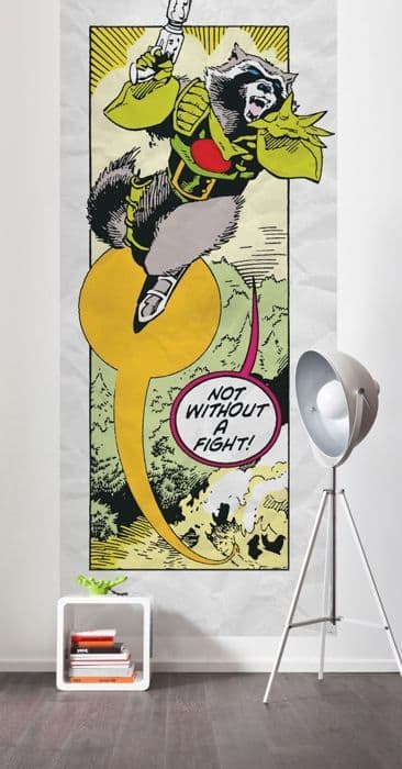 panorama tapeter väktare retro tecknad raket tvättbjörn grön och gul - 100 x 250 cm - 612066
