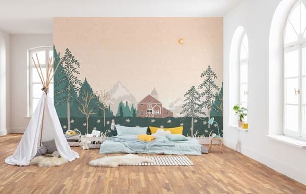 panoramatapet liten grön och beige gård - 400 x 280 cm - 612144