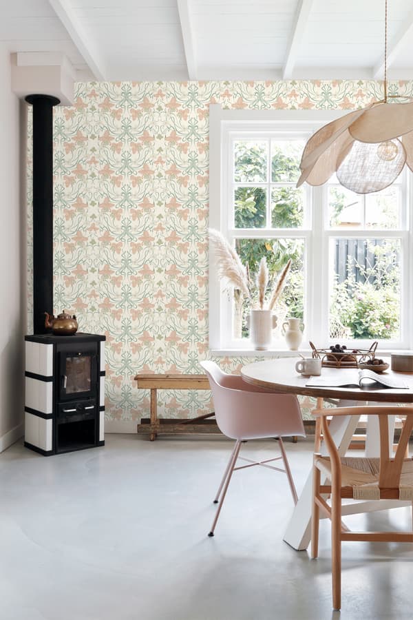 ESTAhome tapet blommor art nouveau stil gräddvitt, milt rosa och grågrönt 0.53 x 10.05 m