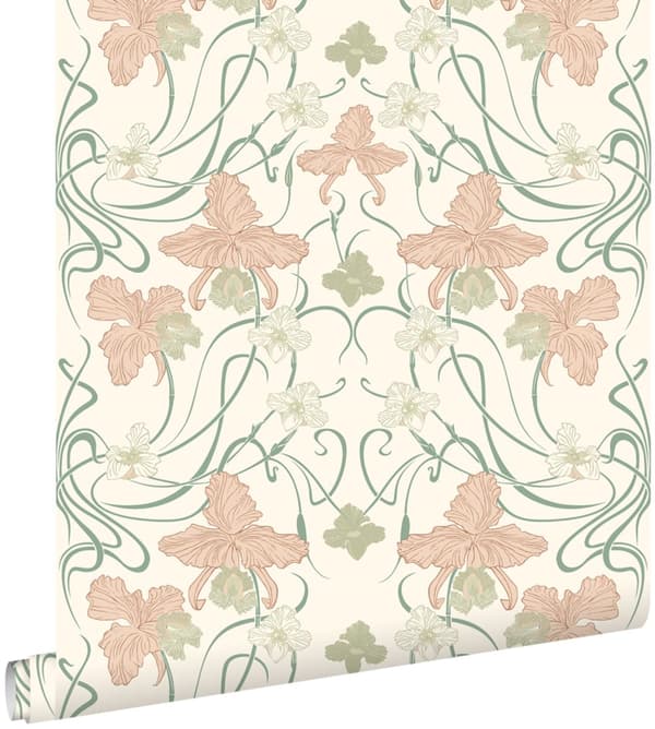 ESTAhome tapet blommor art nouveau stil gräddvitt, milt rosa och grågrönt 0.53 x 10.05 m