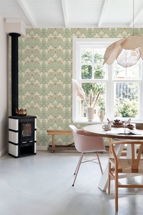 ESTAhome tapet blommor art nouveau stil grågrönt och terrakottaröd 0.53 x 10.05 m