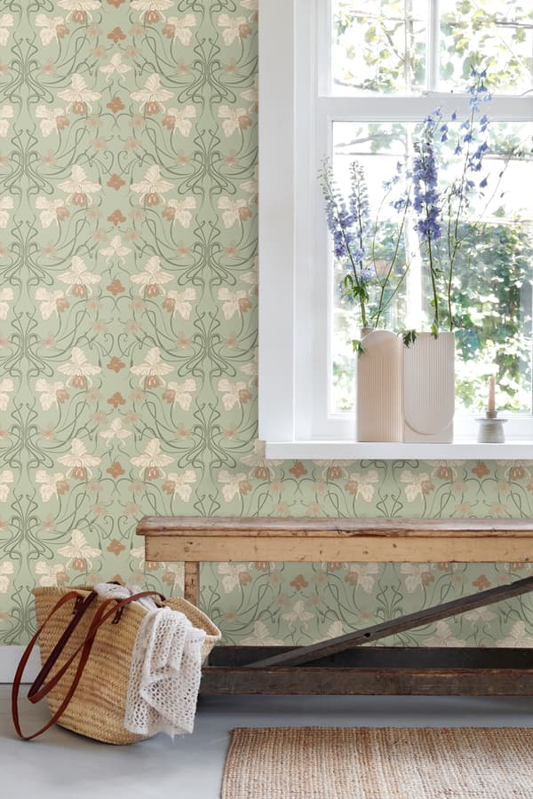 ESTAhome tapet blommor art nouveau stil grågrönt och terrakottaröd 0.53 x 10.05 m