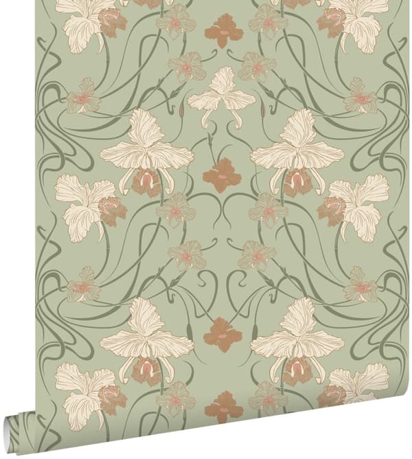 ESTAhome tapet blommor art nouveau stil grågrönt och terrakottaröd 0.53 x 10.05 m