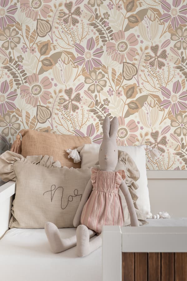 ESTAhome tapet blomstermønster beige og syrenlilla 0.53 x 10.05 m